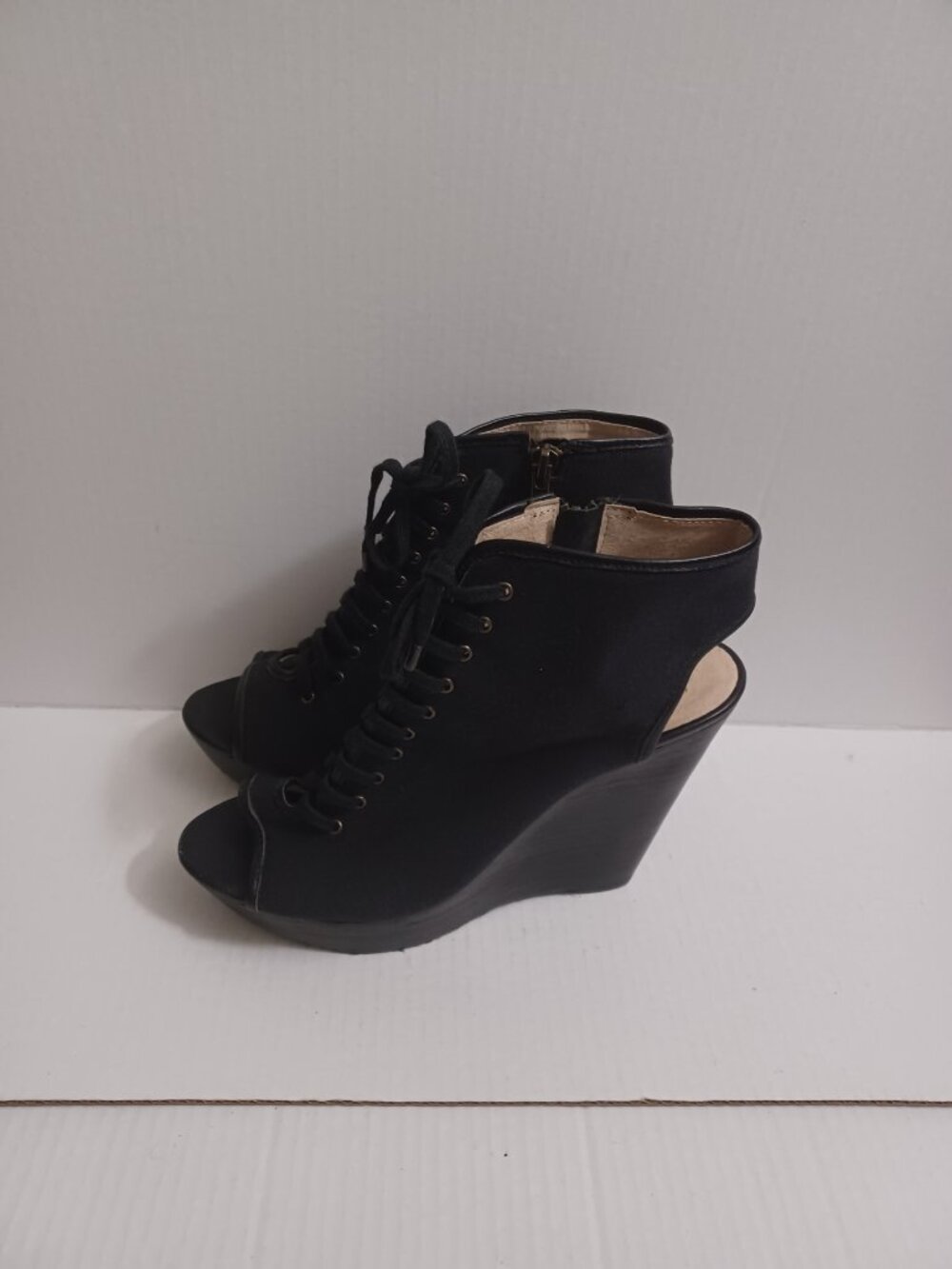 STEVE MADDEN TREPPIDD LACE-UP WEDGE OPEN TO OPEN HEEL BOOTIE SANDALS BLACK 9.5 - Picture 10 of 15
